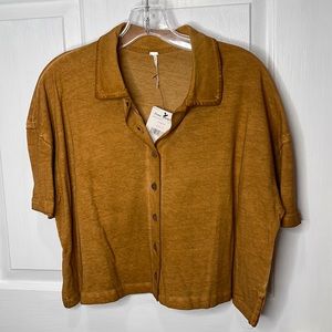 Free People Copper Weekend Rush Button Down Collared Crop Top NWT Size Small